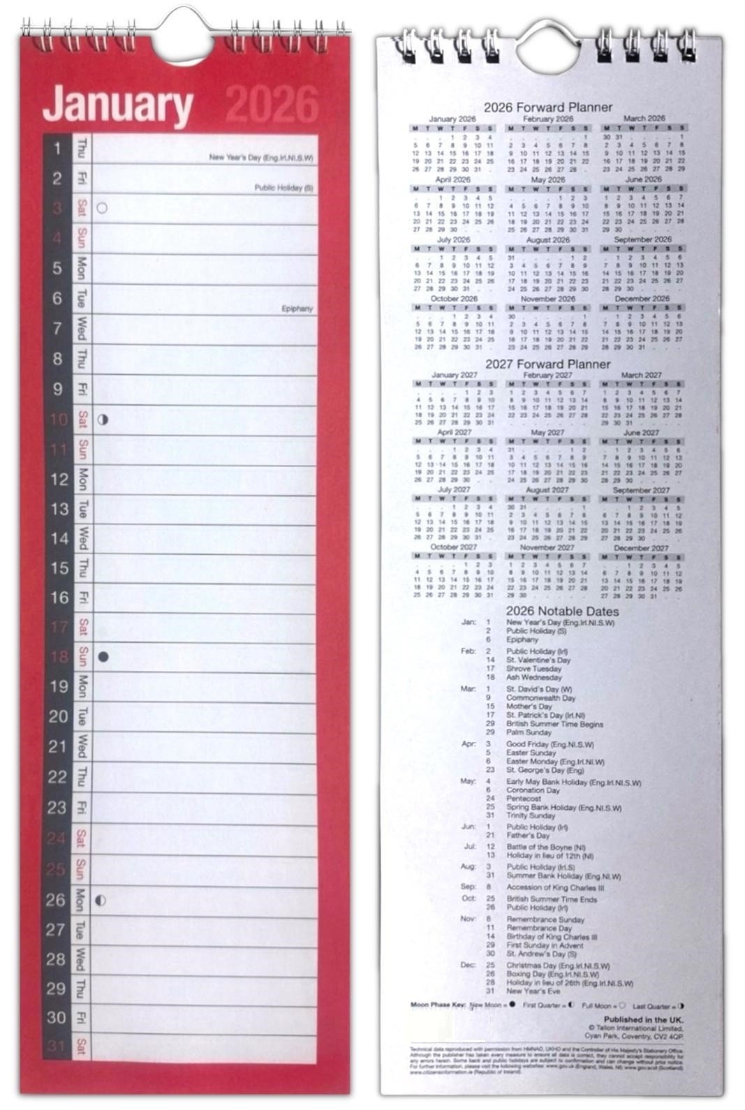 2026 Slim Month To View 1 Column Spiral Bound Wall Planner Calendar Organiser