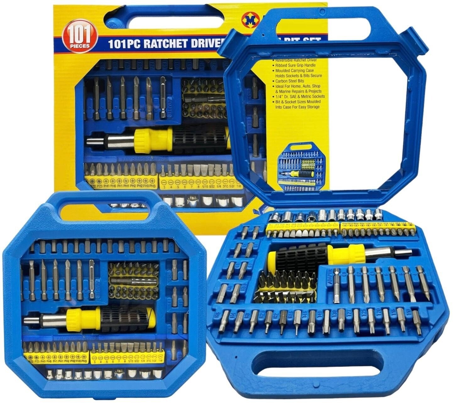 101 Pcs Reversible Ratchet Driver Screwdriver & Socket Bit Set Torx Pozi Hex PH