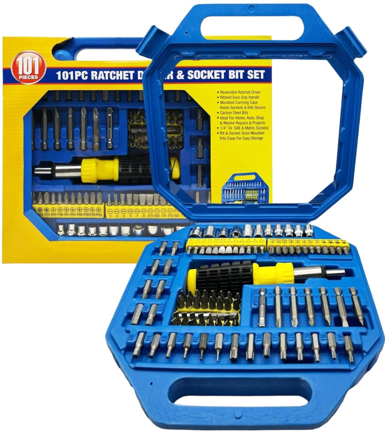 101 Pcs Reversible Ratchet Driver Screwdriver & Socket Bit Set Torx Pozi Hex PH