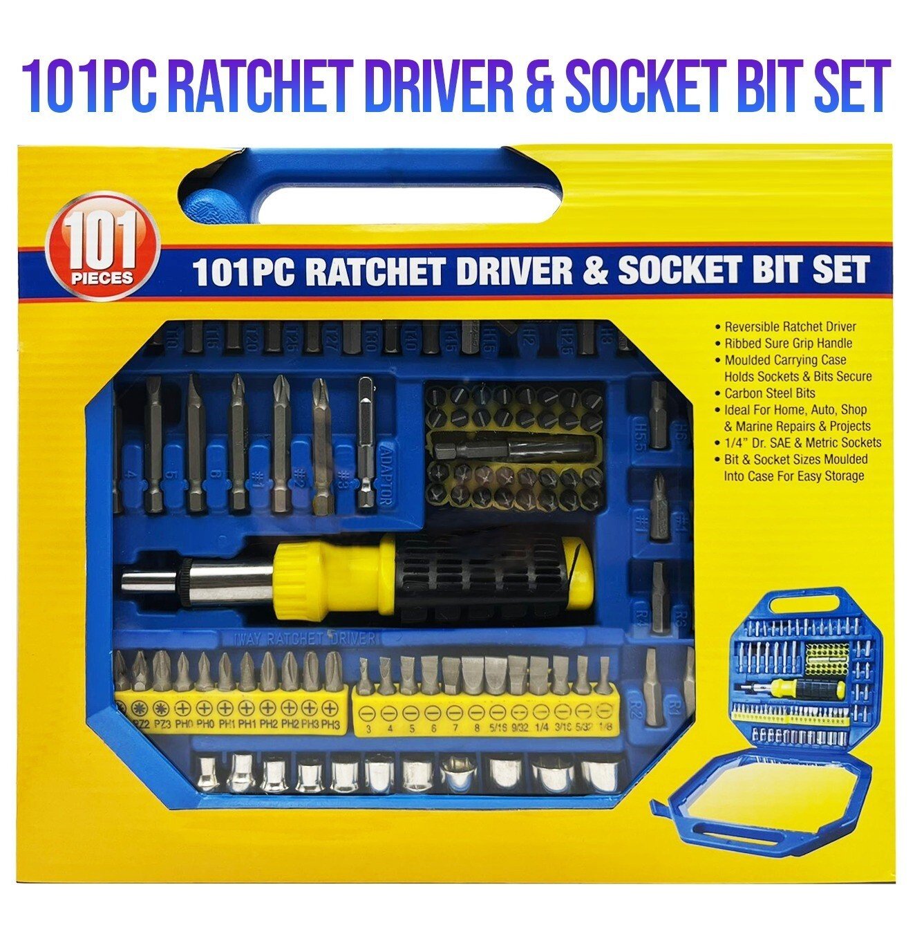 101 Pcs Reversible Ratchet Driver Screwdriver & Socket Bit Set Torx Pozi Hex PH