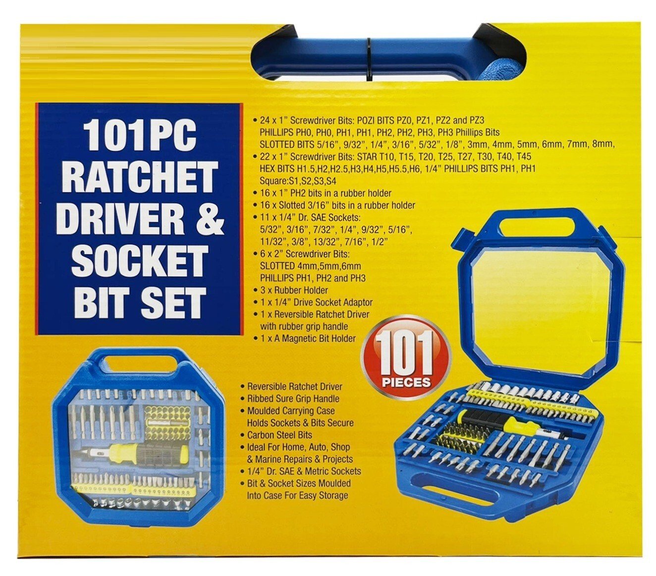 101 Pcs Reversible Ratchet Driver Screwdriver & Socket Bit Set Torx Pozi Hex PH