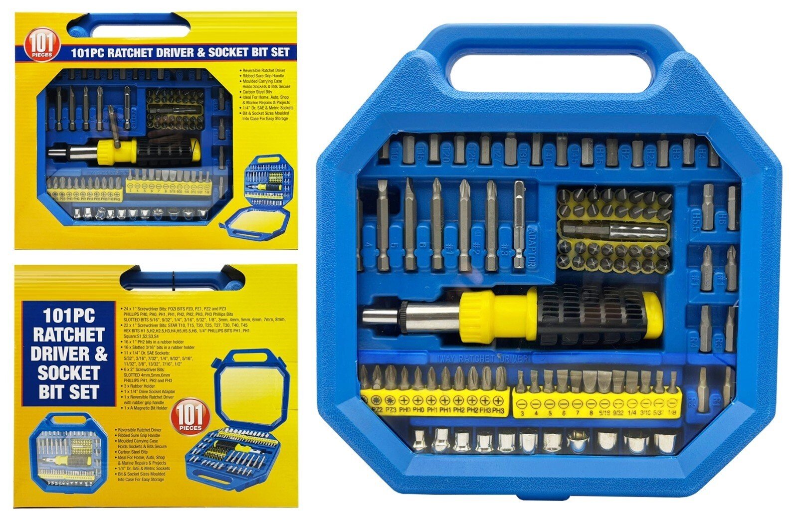 101 Pcs Reversible Ratchet Driver Screwdriver & Socket Bit Set Torx Pozi Hex PH