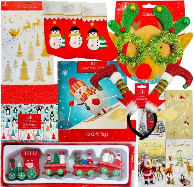 Bundle of 46 LUXURY CHRISTMAS DECORATIONS CARDS HANGING GIFT STOCKINGS GIFT WRAP
