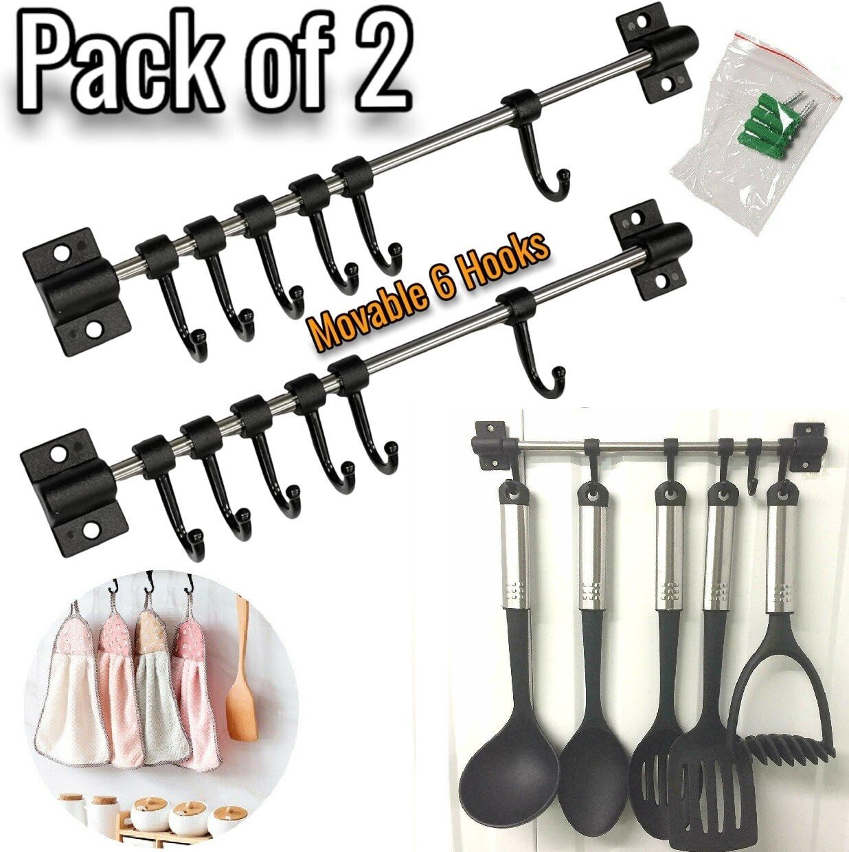 6 HOOK KITCHEN UTENSIL TOOL HOLDER STORAGE WALL RACK RAIL MOVABLE HOOKS FIXTURE