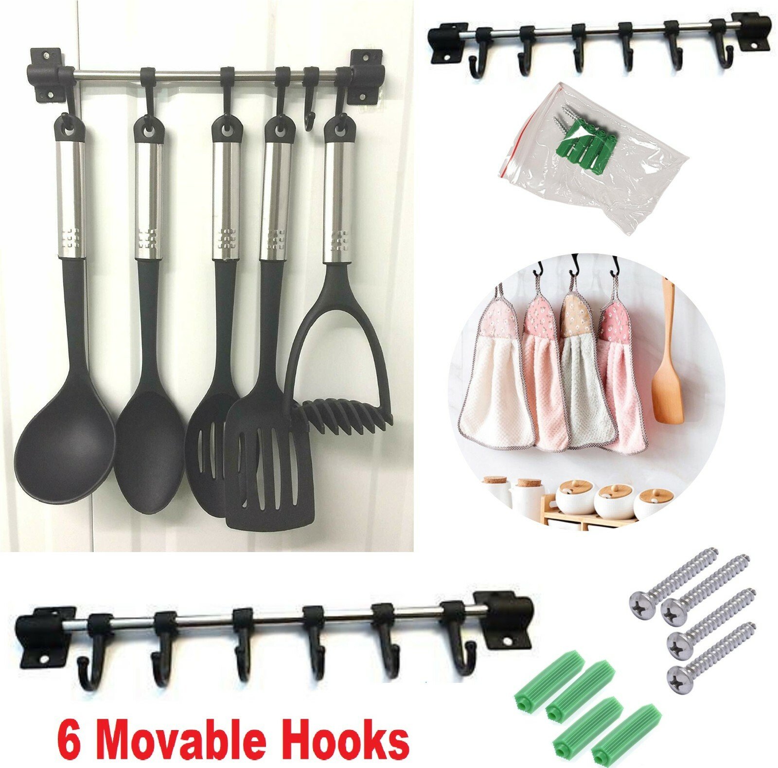 6 HOOK KITCHEN UTENSIL TOOL HOLDER STORAGE WALL RACK RAIL MOVABLE HOOKS FIXTURE