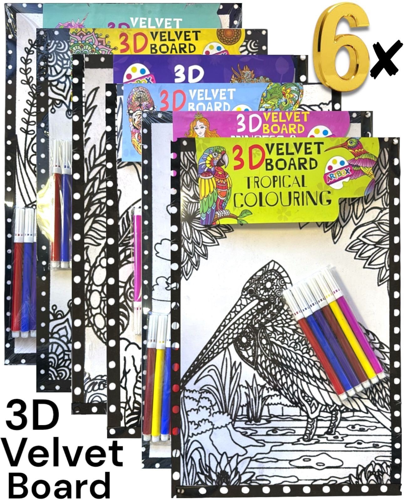 6 Pack 3D Velvet Art Colouring Board Large 10"x 15" Boys Girls Fun Art Xmas Gift