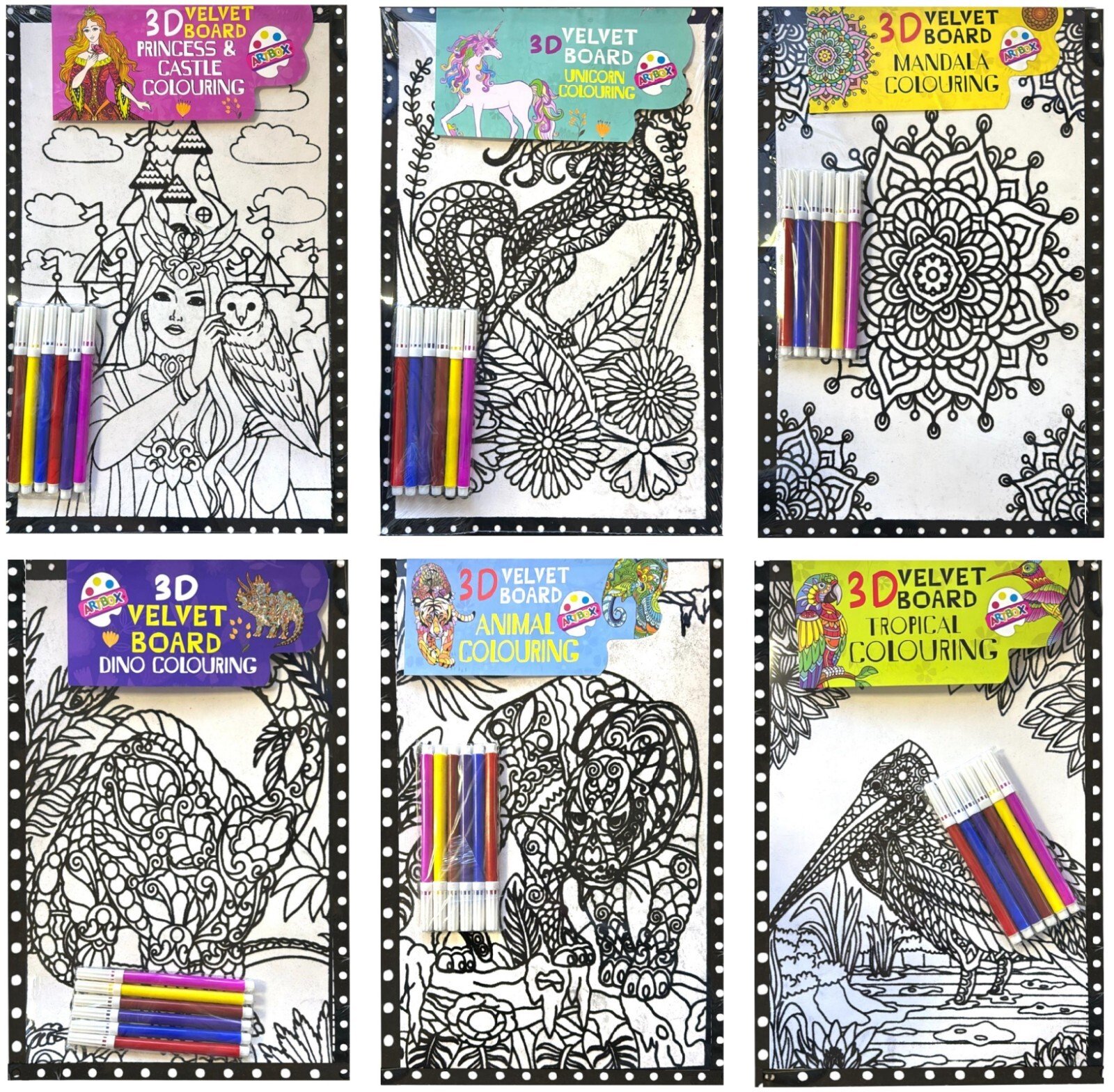 6 Pack 3D Velvet Art Colouring Board Large 10"x 15" Boys Girls Fun Art Xmas Gift