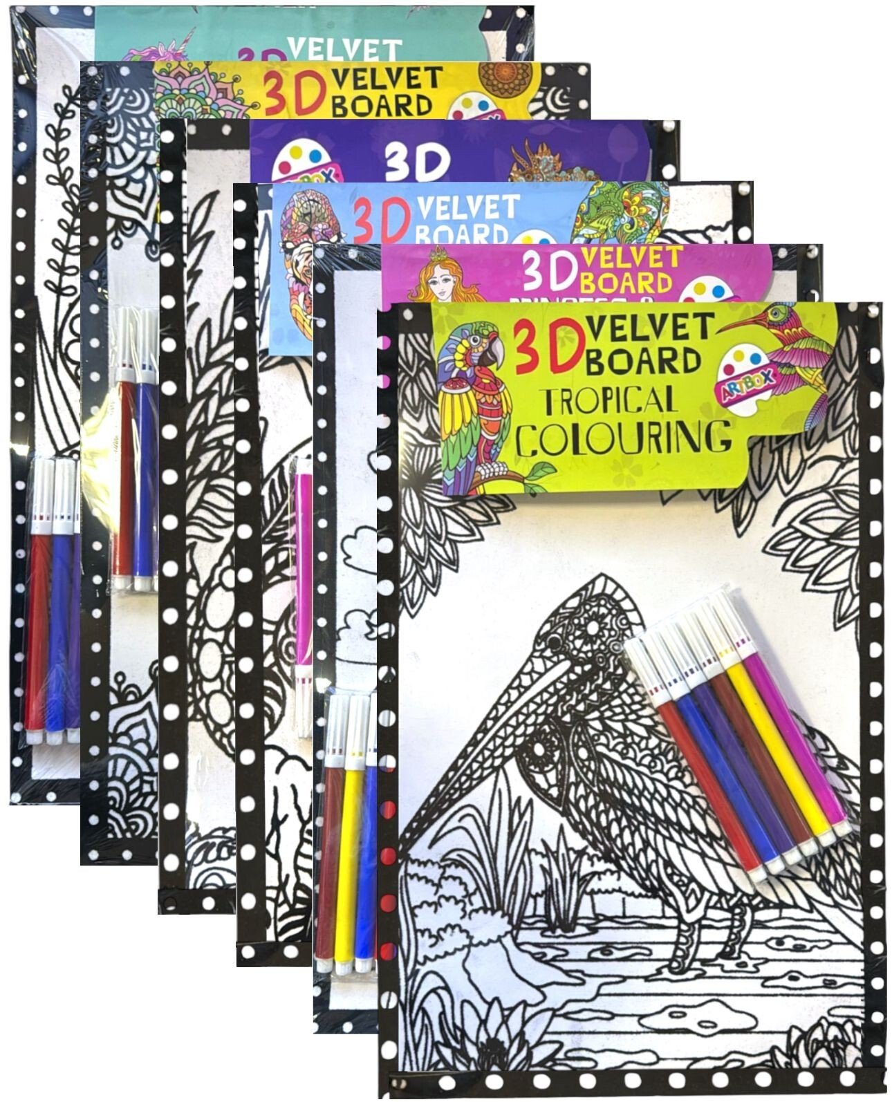 6 Pack 3D Velvet Art Colouring Board Large 10"x 15" Boys Girls Fun Art Xmas Gift