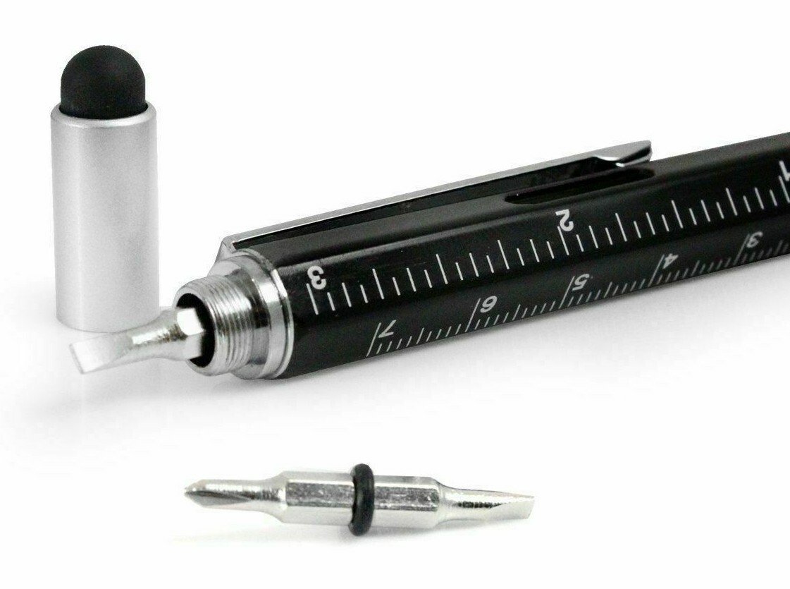 Black Multi Tool Tech Ballpoint Pen 6 in 1 Spirit Level, Screwdriver, Ruler BNIB