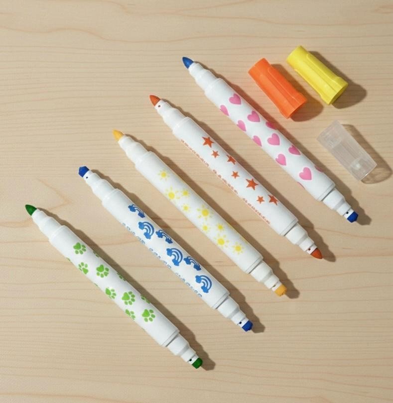 5 Double Ended Stamper Marker Pens Fibre Tips Stamps Colouring Felt Tips