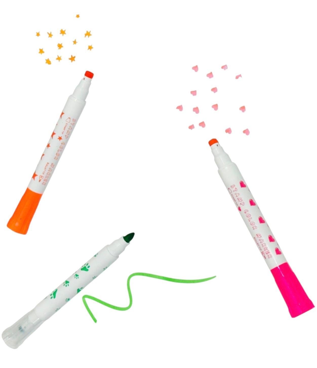 5 Double Ended Stamper Marker Pens Fibre Tips Stamps Colouring Felt Tips