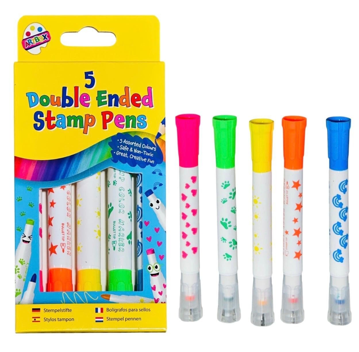 5 Double Ended Stamper Marker Pens Fibre Tips Stamps Colouring Felt Tips