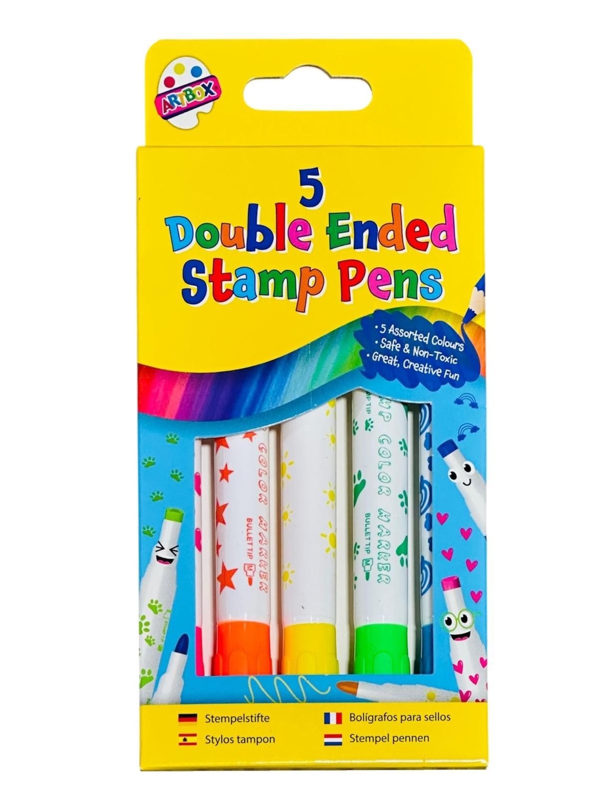 5 Double Ended Stamper Marker Pens Fibre Tips Stamps Colouring Felt Tips