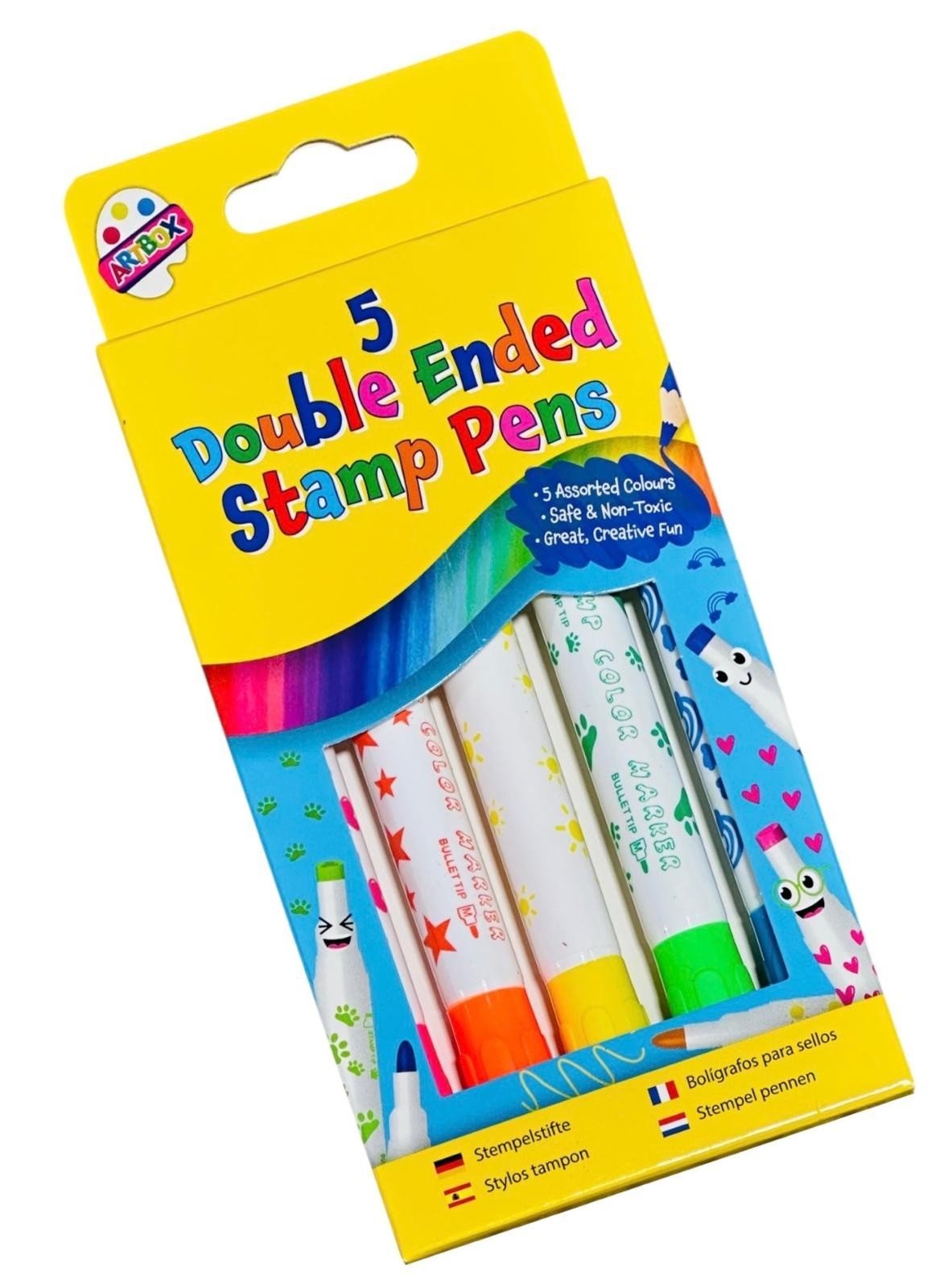 5 Double Ended Stamper Marker Pens Fibre Tips Stamps Colouring Felt Tips