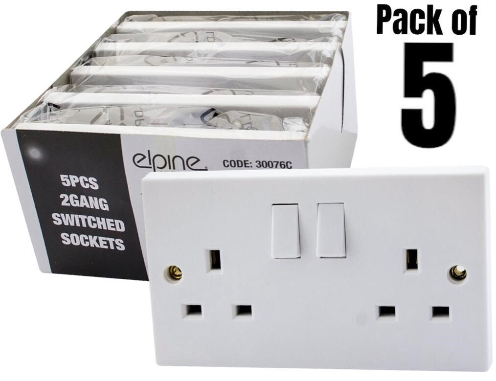 5 Pack Switched Wall Plug Socket Twin Double Pole 2 Gang 13A UK Electrical White
