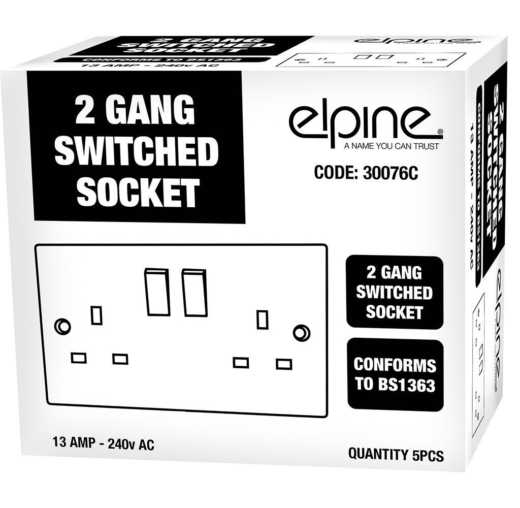 5 Pack Switched Wall Plug Socket Twin Double Pole 2 Gang 13A UK Electrical White