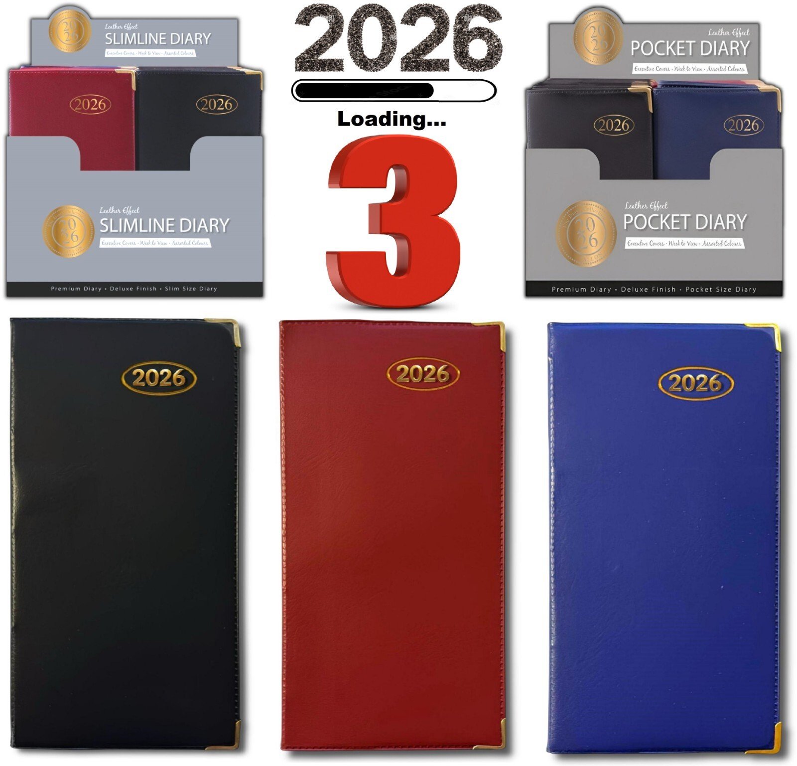 3 X 2026 DIARY POCKET SLIM SLIMLINE WEEK TO VIEW METAL EDGE SOFT PVC COVER DIARY