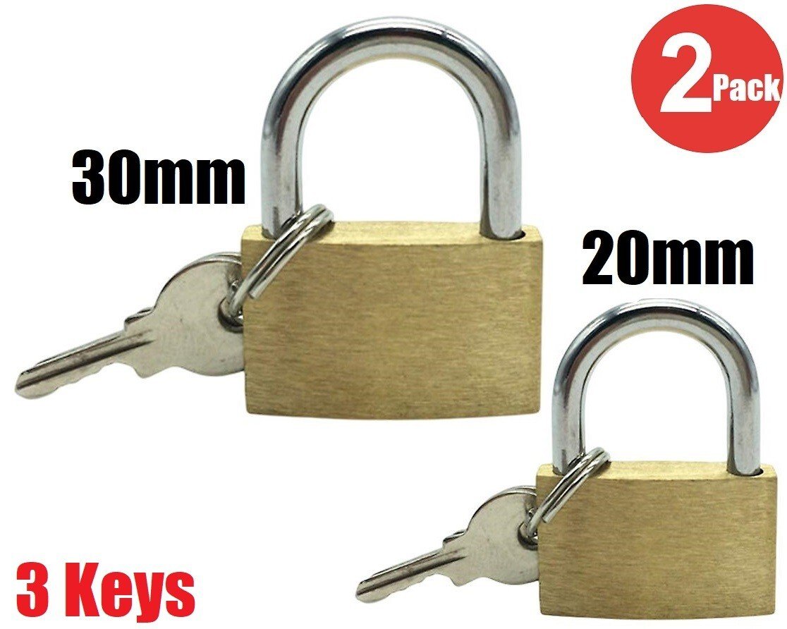 2 Pack Padlock Brass Lock Security Shackle Travel Luggage Suitcase Bag Keys Set