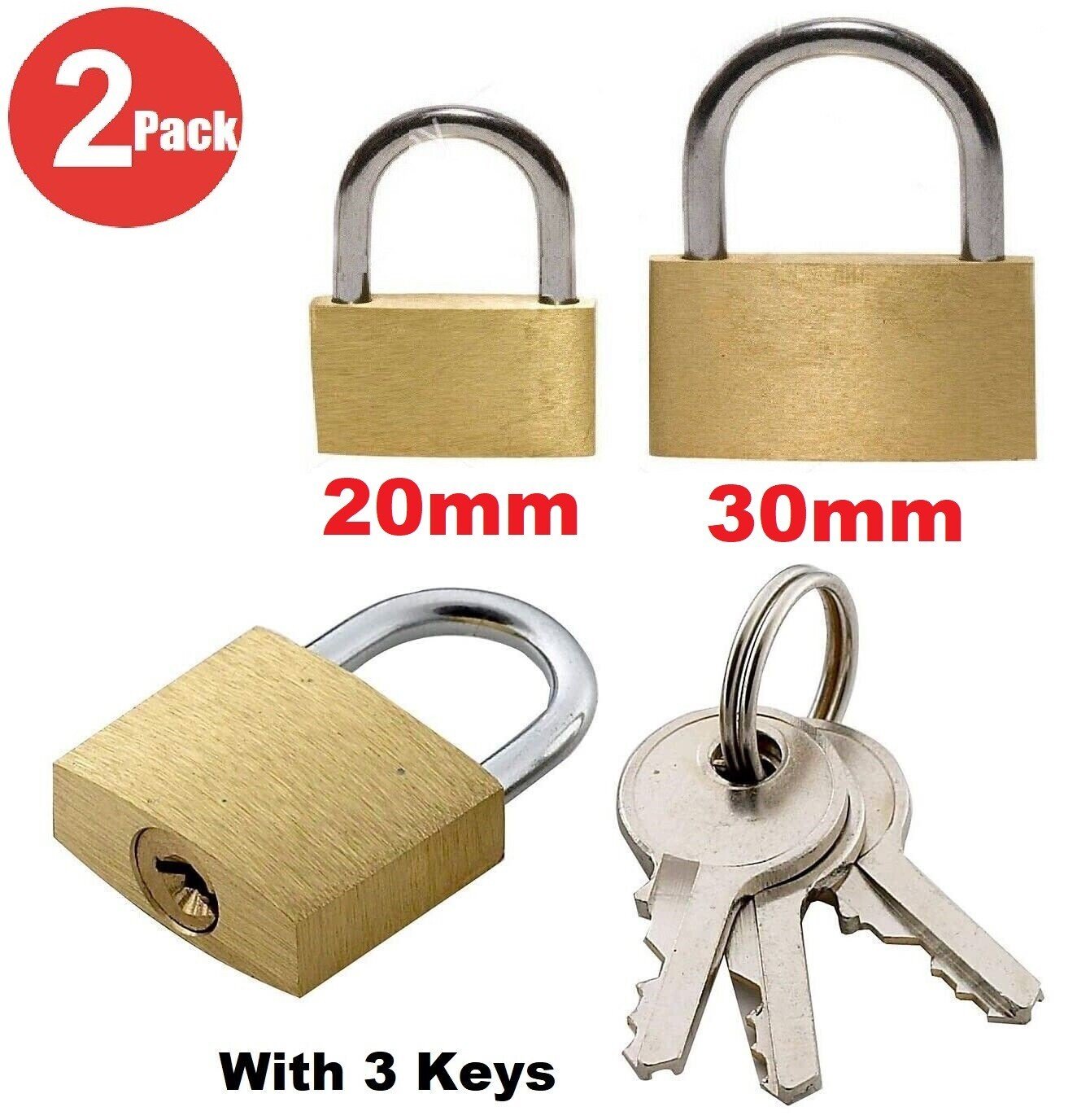2 Pack Padlock Brass Lock Security Shackle Travel Luggage Suitcase Bag Keys Set