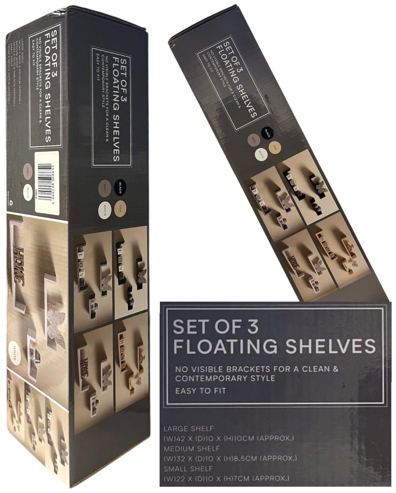 Set of 3 Floating Shelves Wall Mounted Storage Display Shelf Kit Home Decor GREY